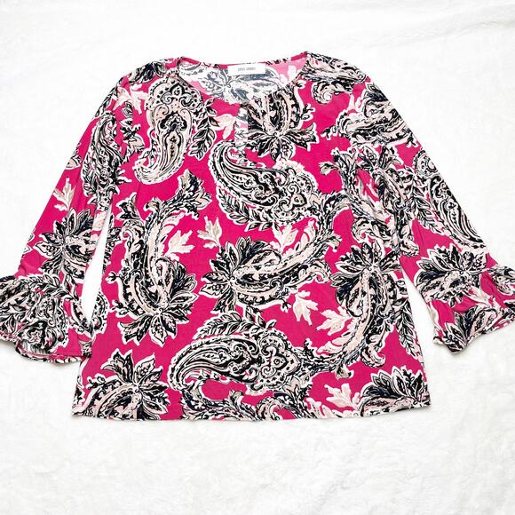 JONES STUDIO Pink & Black Paisley Keyhole Top 3/4 Ruffle Sleeves Blouse Petite - Picture 3 of 8